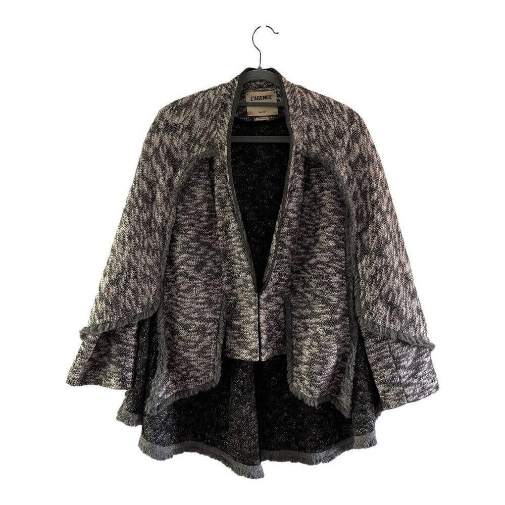 L'agence Size XS Draped Knit Poncho Sweater Fringe Edges Gray Black Cape